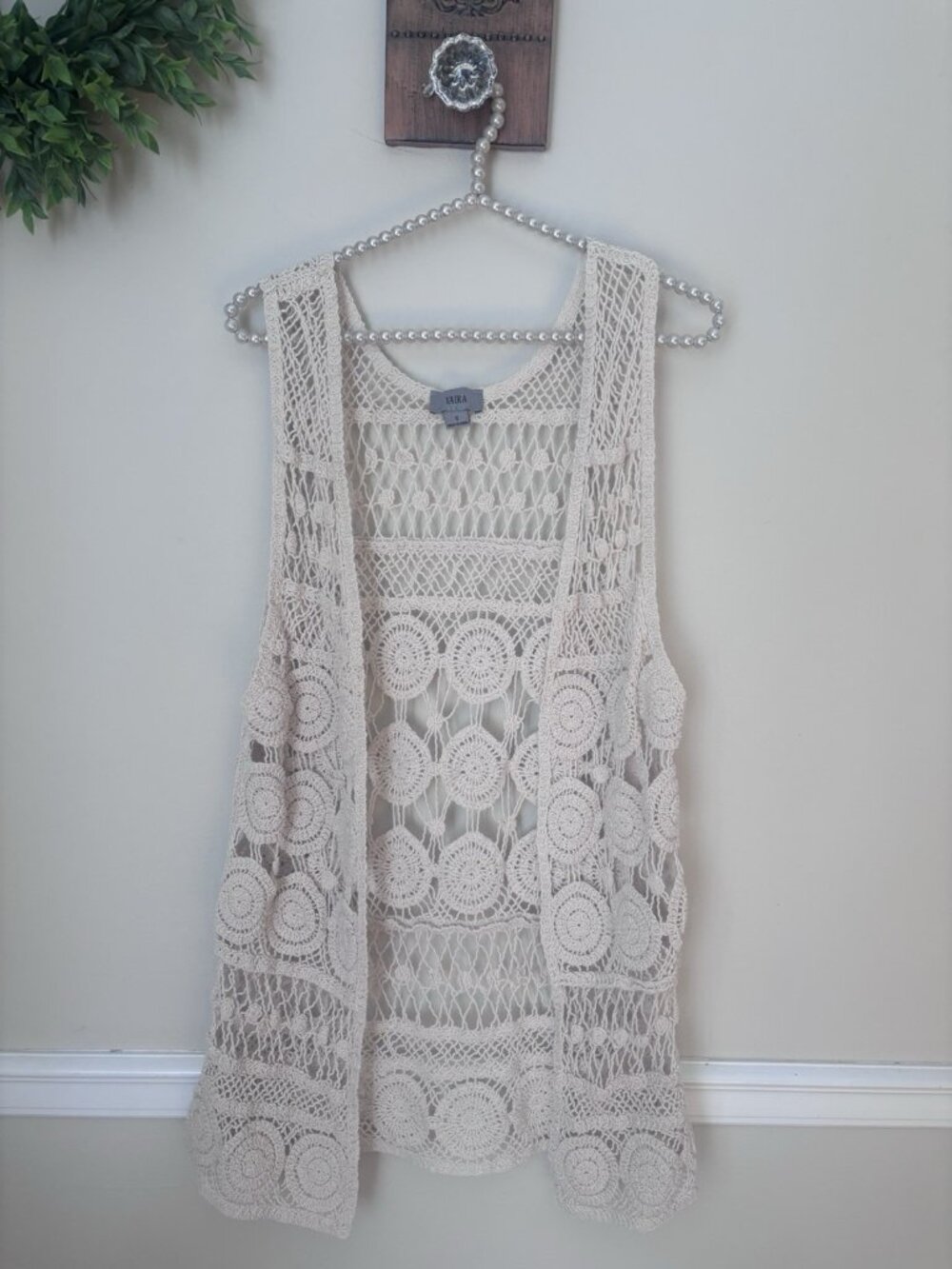 Yaira Womens Size Small Crochet Sweater Vest Open Front Bohemian Festival Cream